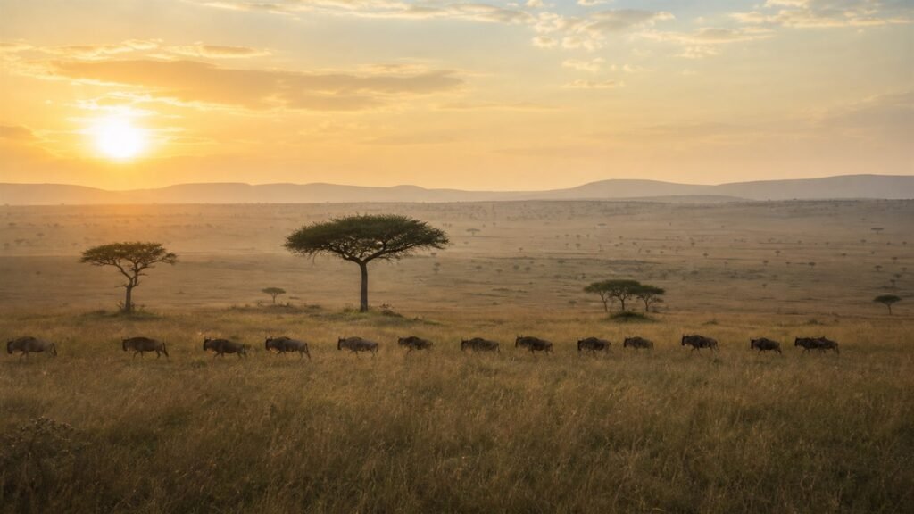 Wildebeest crossing East African savannah at sunrise beneath acacia trees