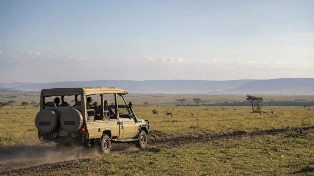Safari vehicle crossing the Maasai Mara plains