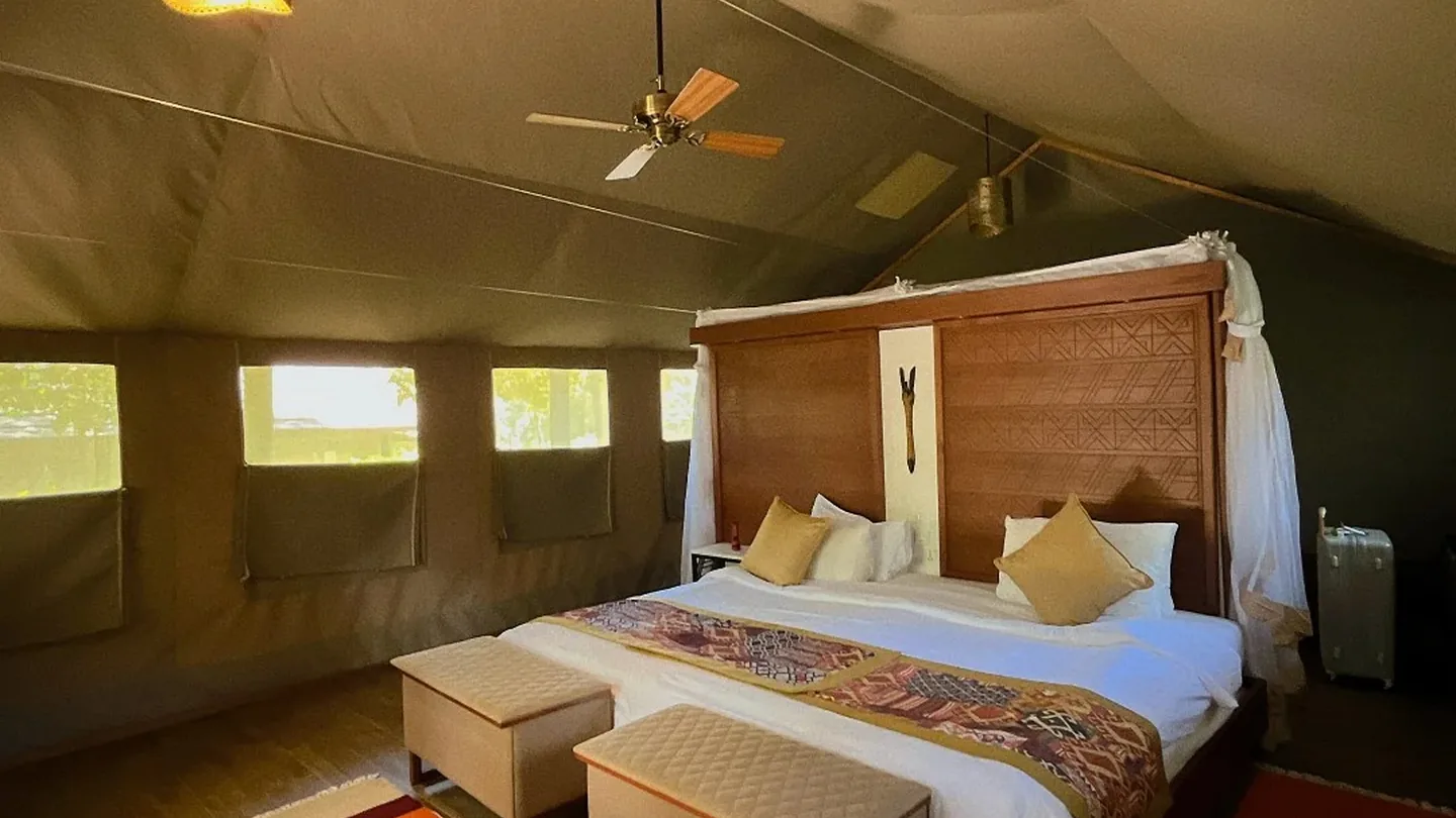 Interior of a tented safari camp in the Maasai Mara, Kenya