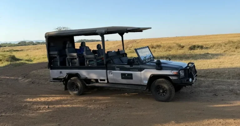 Open-sided safari vehicle parked on grassland