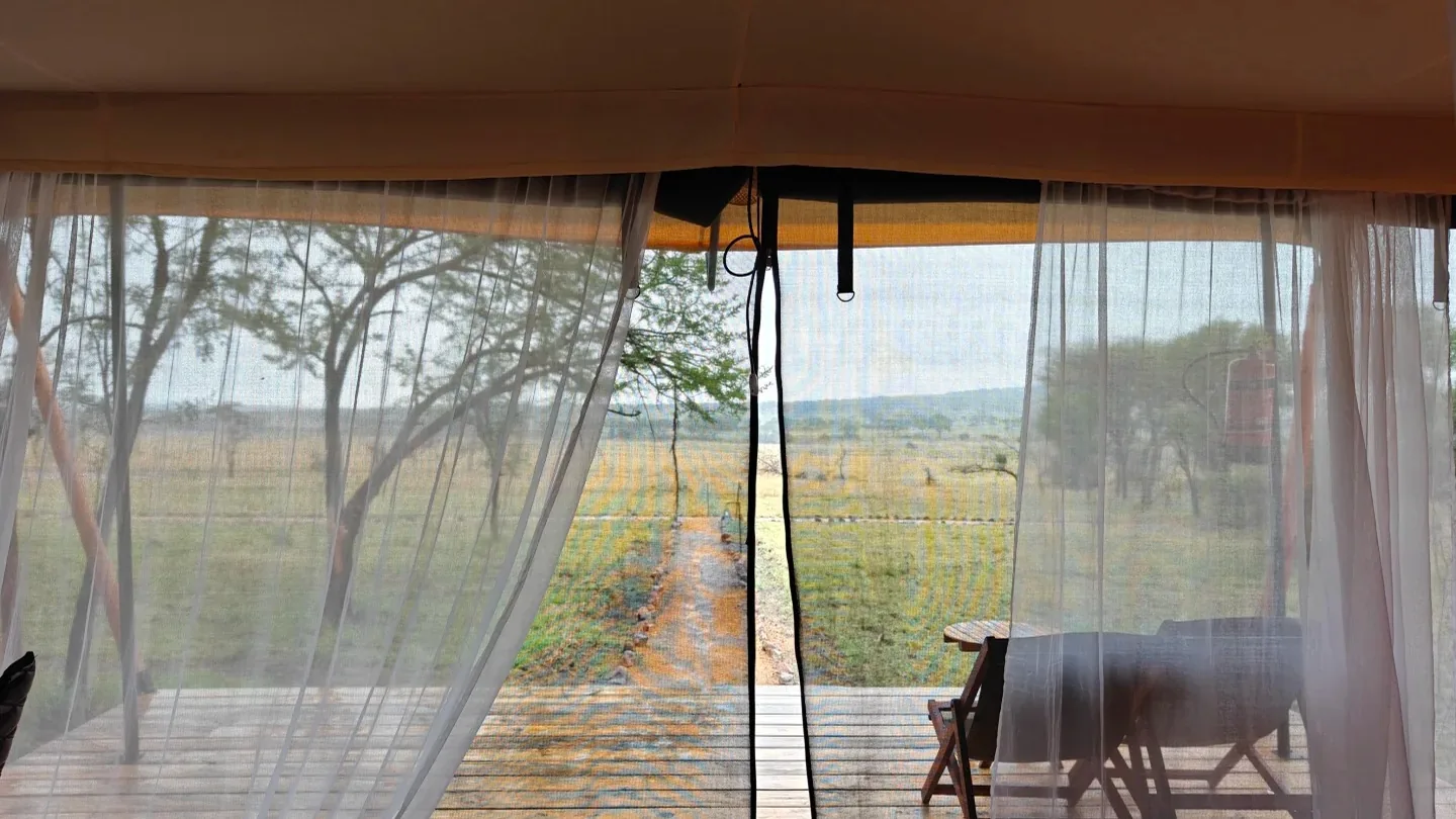 View across the Serengeti plains from inside a luxury tented lodge