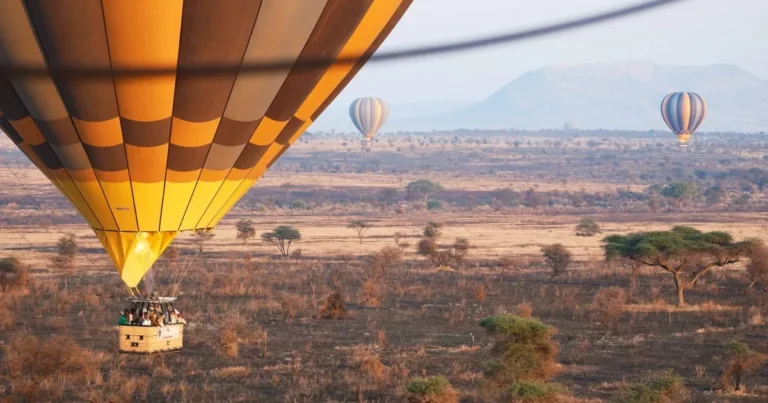 Three hot-air balloons floating over the Tanzanian savanna at sunrise