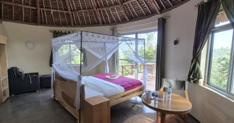 Comfortable safari lodge bedroom in Tanzania